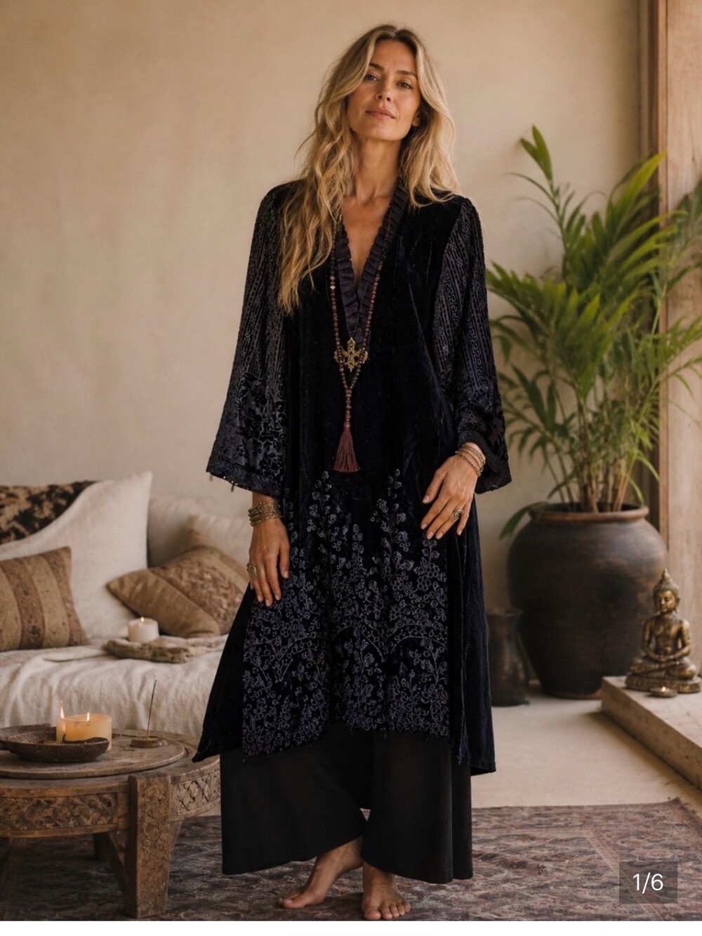 Velvet Embroidered Midi Dress — Black